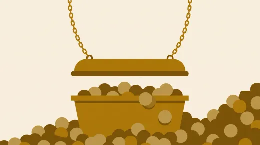 A heavy stone lid hangs uselessly in mid-air on slack chains above a vessel of blank discs that has already overflowed past it.