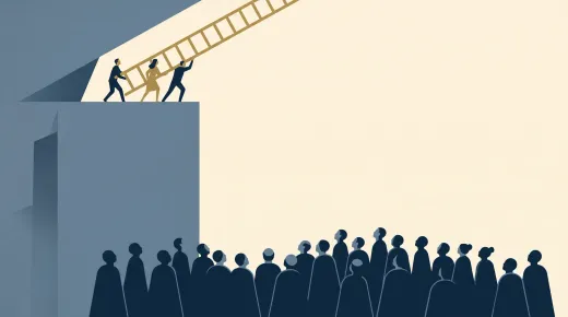 A few figures on a high plinth haul a golden ladder up behind them while a crowd below looks up at the bare wall.