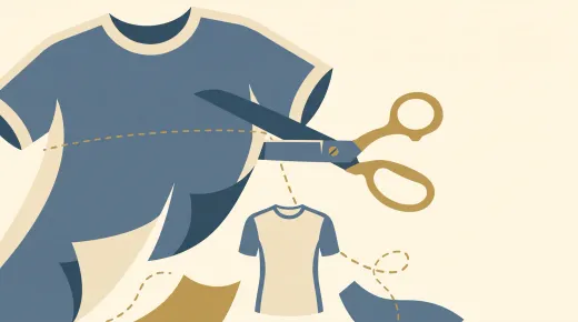 Giant tailor’s scissors trim a vastly oversized football shirt down to a marked cutting line, the excess fabric falling away.