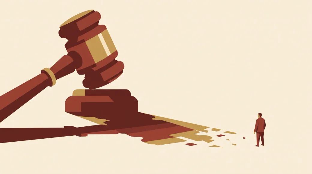 Un mazo judicial monumental proyecta una sombra larga que se fragmenta y se desvanece antes de alcanzar a la pequeña figura del otro lado.