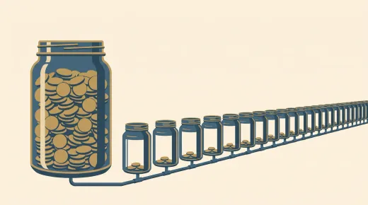 One tall jar stands full in the foreground, fed by a pipe from a long receding row of twenty-five small jars, every one of them nearly empty.
