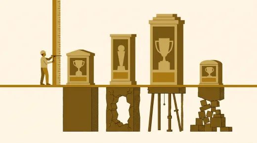 Trophy cabinets are measured above a floor line while their hidden foundations below it differ wildly, unmeasured.