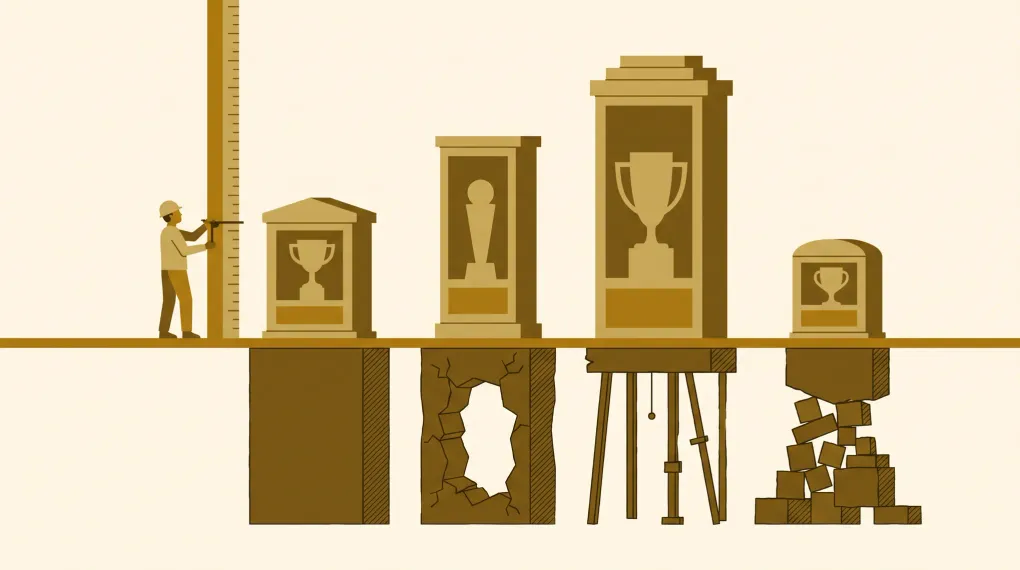 Trophy cabinets are measured above a floor line while their hidden foundations below it differ wildly, unmeasured.