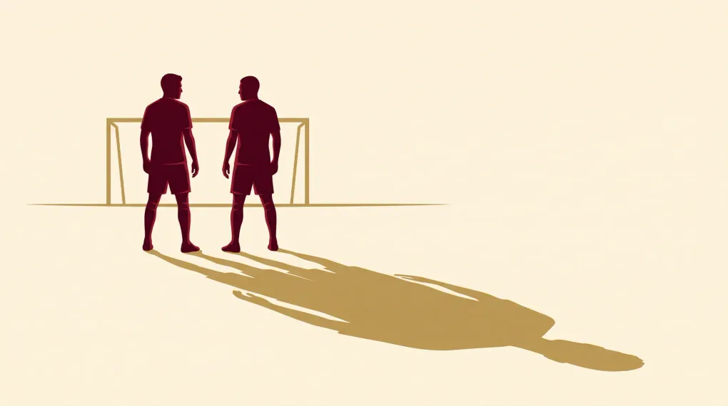 Two footballers in different kits face each other as rivals, but cast one single shared shadow.