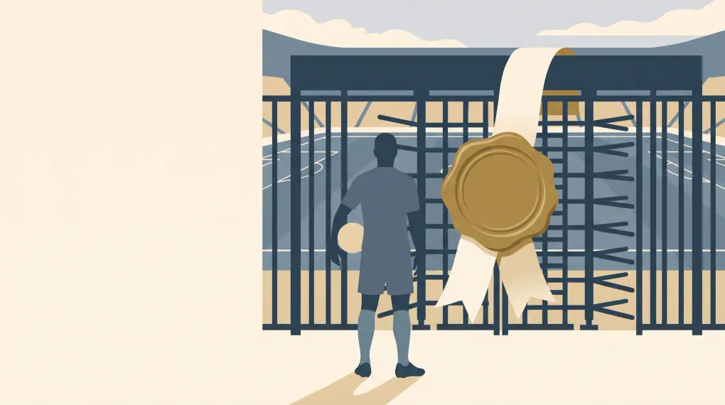 A kitted footballer waiting outside a locked stadium turnstile, barred by an oversized official wax seal.
