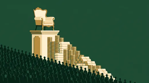 Una multitud de socios mira hacia un sillón presidencial vacío sobre un pedestal, accesible solo por una escalera de oro.