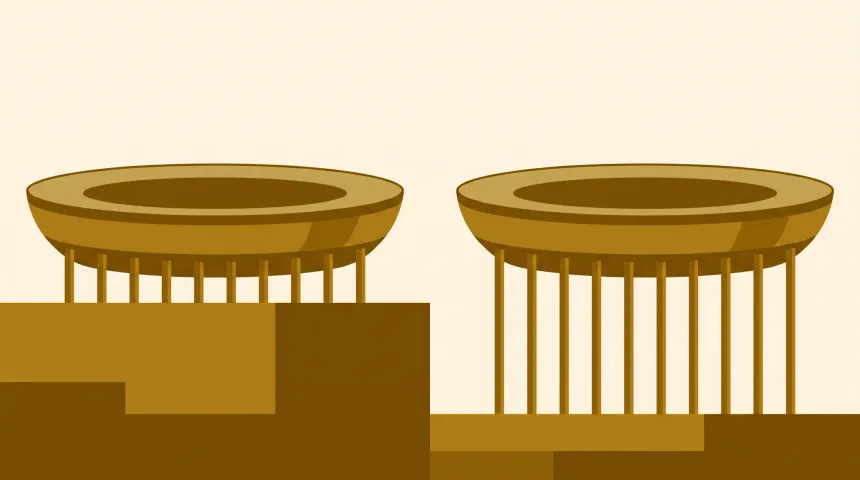 Two identical stadium bowls stand level with each other, but the ground has dropped away under the right one, so its supporting pillars are far longer.