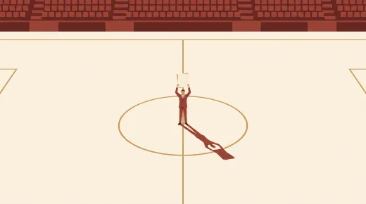 A lone suited figure stands in the centre circle of a completely empty stadium, holding a thick sheaf of documents raised in triumph.