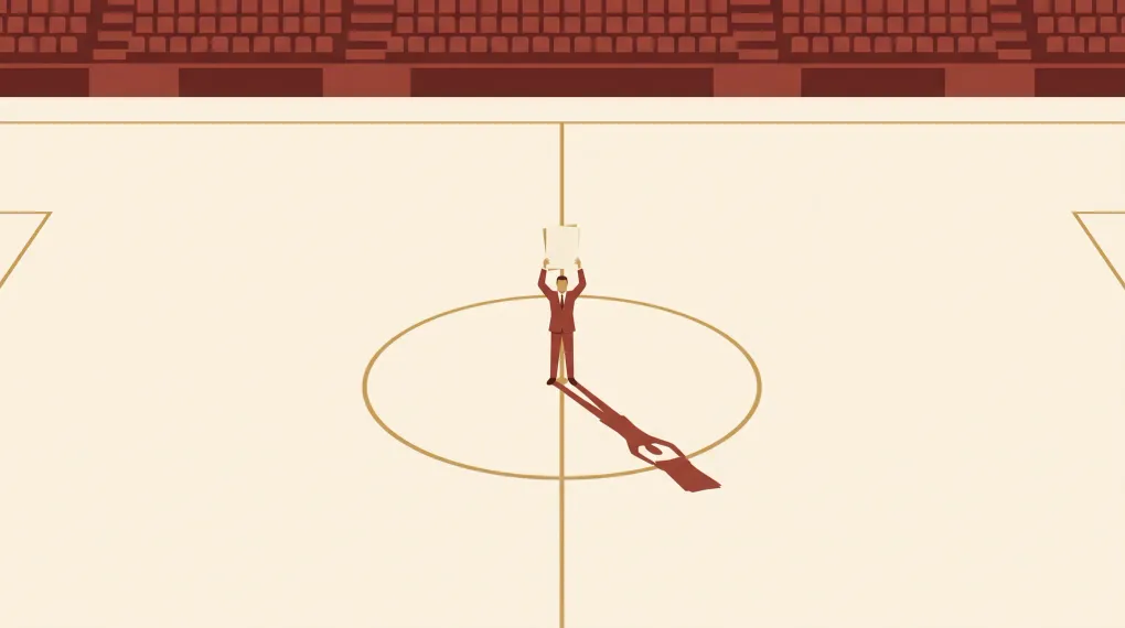 A lone suited figure stands in the centre circle of a completely empty stadium, holding a thick sheaf of documents raised in triumph.