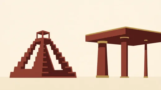 A hollow stepped pyramid stands empty and supporting nothing while, beside it, three plain columns carry the whole weight of the roof.